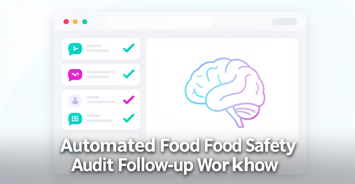 A clean modern flat illustration of an AI-powered food safety audit follow-up dashboard with checkmarks and notifications, featuring brand color accents and the headline 'Automate Audit Follow-Ups' in the lower third.