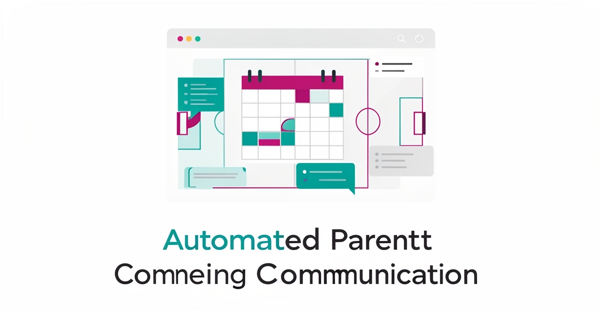 Flat illustration of automated parent messages and field scheduling dashboard with teal and magenta accents.