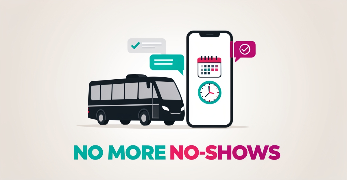 Flat illustration of a shuttle bus and smartphone with a confirmation checkmark, symbolizing automated passenger reminders that reduce no-shows.