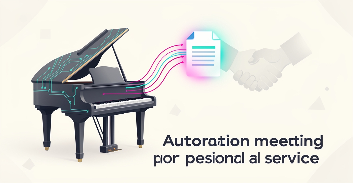 Flat illustration of a piano connected by teal and magenta digital lines to a quote icon, symbolizing automated yet personal piano moving quotes.
