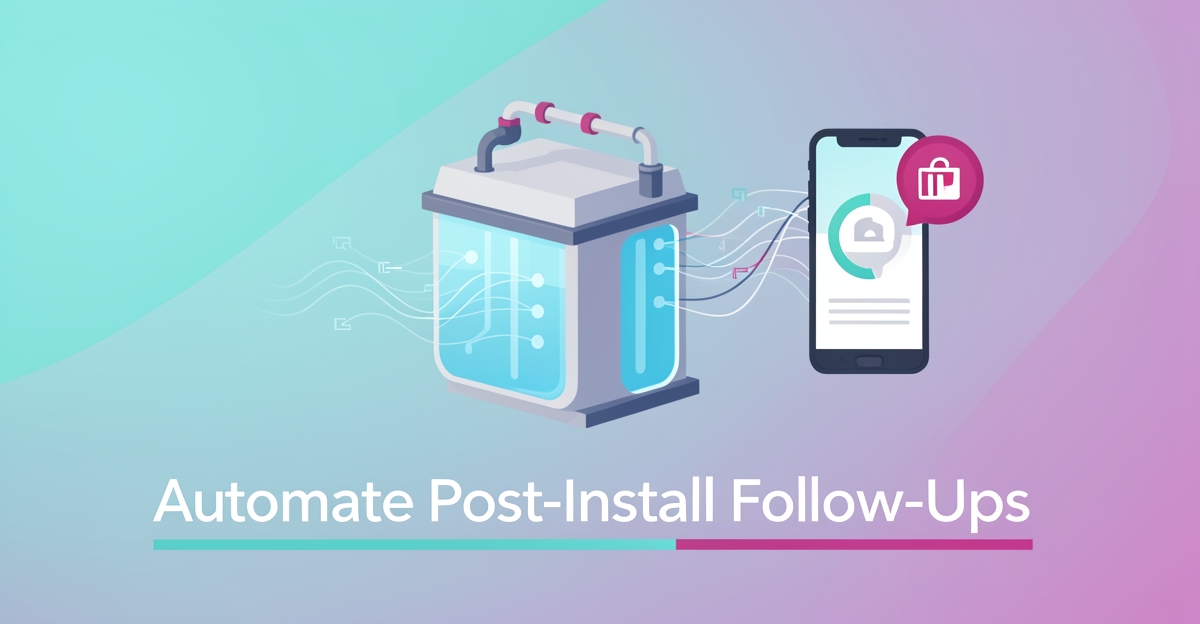 A modern flat illustration of a water filtration system with digital data flow to a smartphone notification, featuring brand-colored accents and a minimalist headline in the lower third.