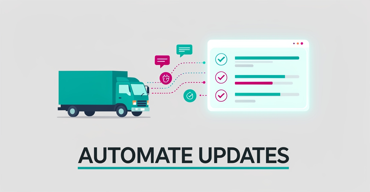 Flat illustration of a fleet truck linked to a real-time digital repair status dashboard with teal and magenta accents.