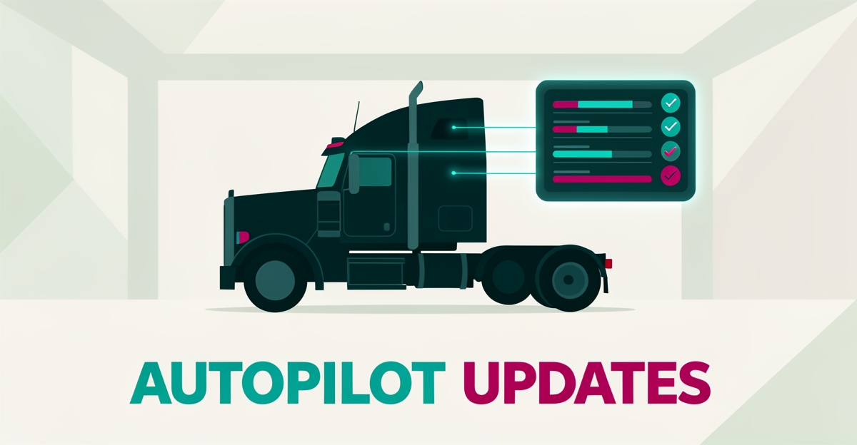 Flat illustration of a semi truck in a service bay with automated digital status notifications, in teal and magenta brand colors.