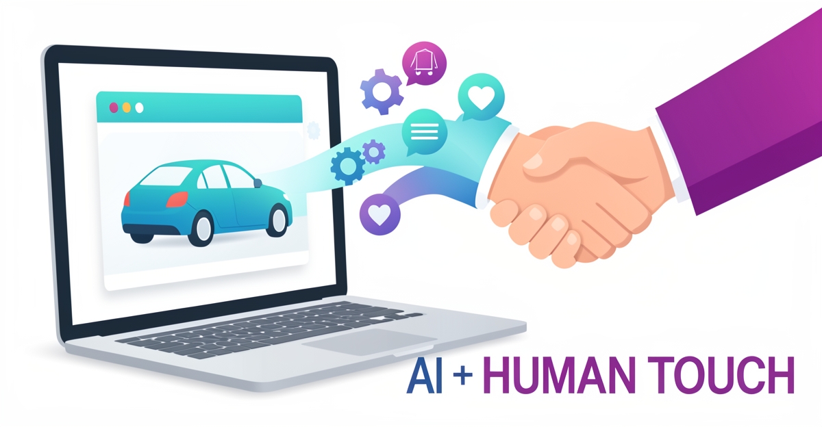 A minimalist flat illustration showing AI-assisted vehicle search transitioning to a human handshake, using brand colors teal and magenta to symbolize technology and personal connection