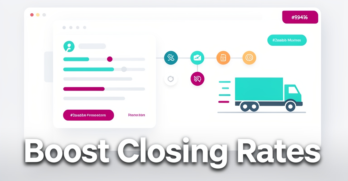 A minimalist flat illustration of a digital moving quote dashboard with animated progress bars and a moving truck icon, accented in brand blue and magenta, featuring the headline 'Boost Closing Rates' in the lower third.