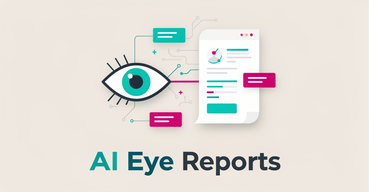 Flat illustration of a stylized eye connected to an automated digital health report with teal and magenta accents.
