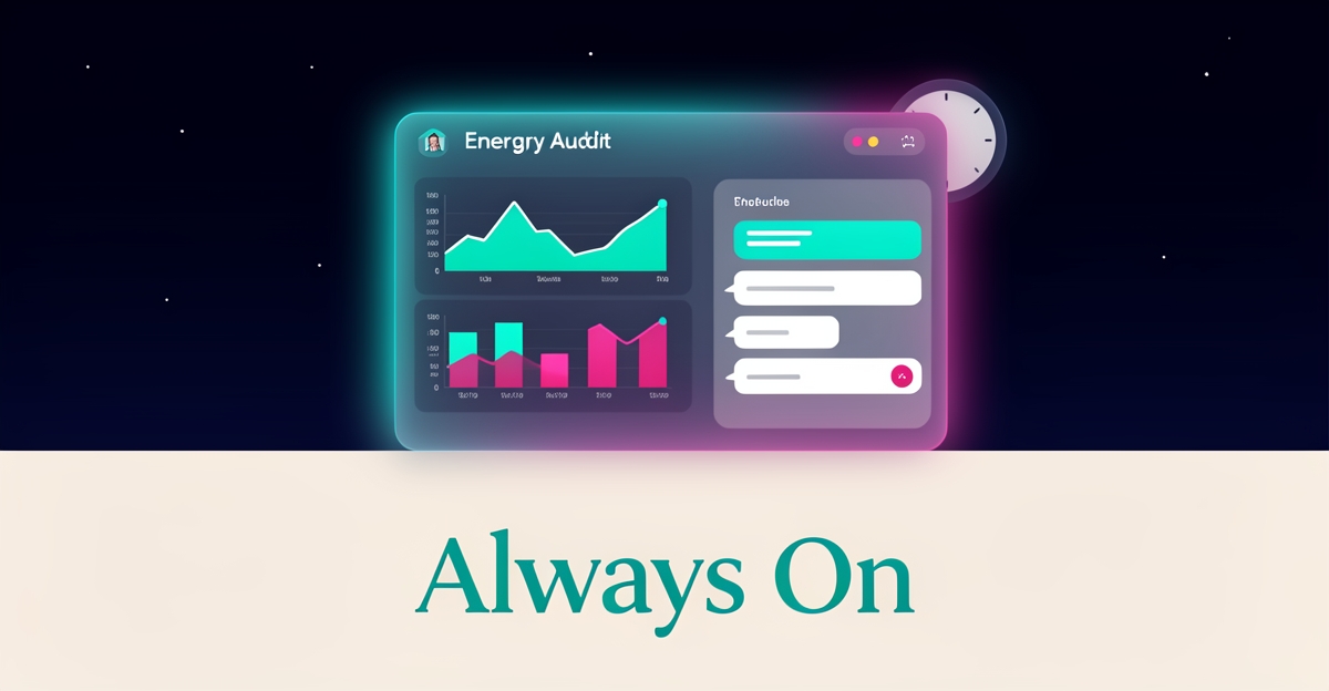 Flat illustration of a glowing energy audit dashboard with chat interface and clock, accented in teal and magenta, headlined Always On.