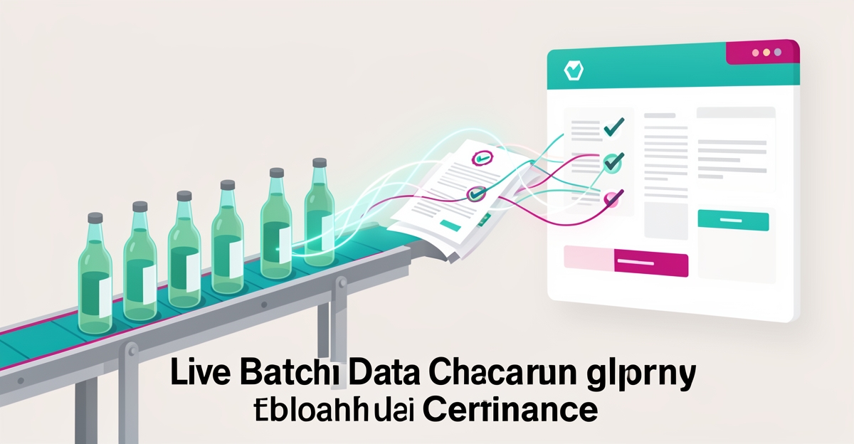 Flat illustration of a beverage bottling line connected to a digital website interface generating certificate documents, accented in teal and magenta.