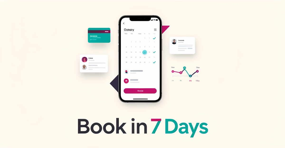 Flat illustration of a smartphone booking calendar with payment and CRM icons, headlined Book in 7 Days.