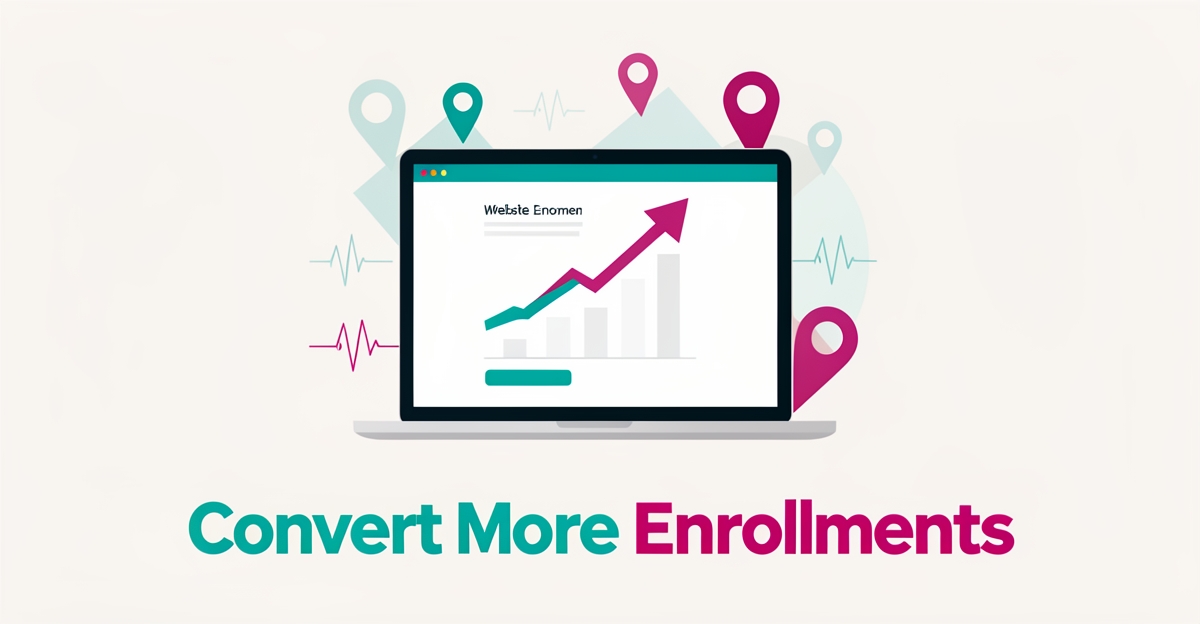 Flat illustration of a laptop with a CPR training website, growth arrow, and location pins in teal and magenta accents.