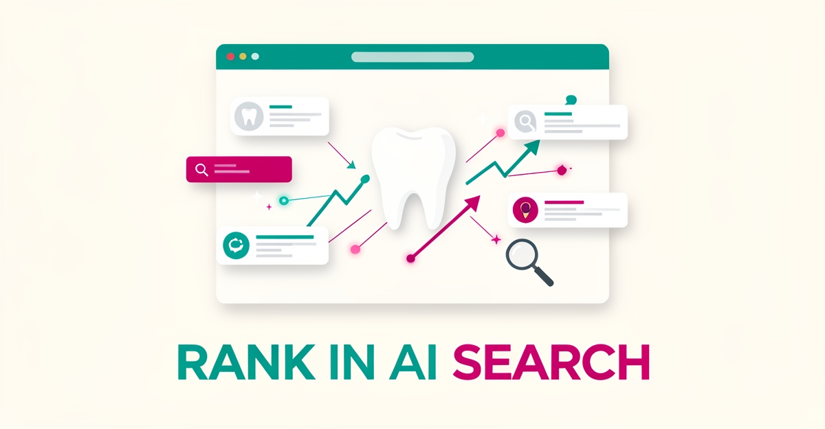 Flat illustration of a dental clinic website with rising search ranking arrows and AI search sparkles in teal and magenta.