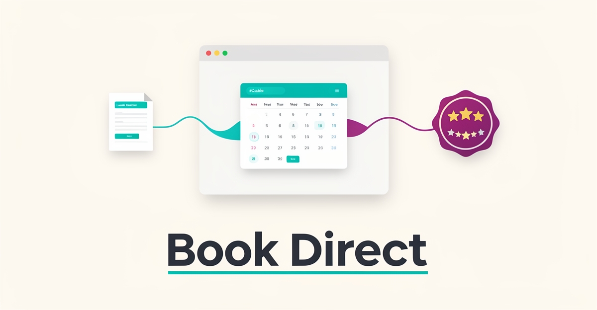 Flat illustration of a booking website connected to lead capture, invoicing, and review icons, titled Book Direct.