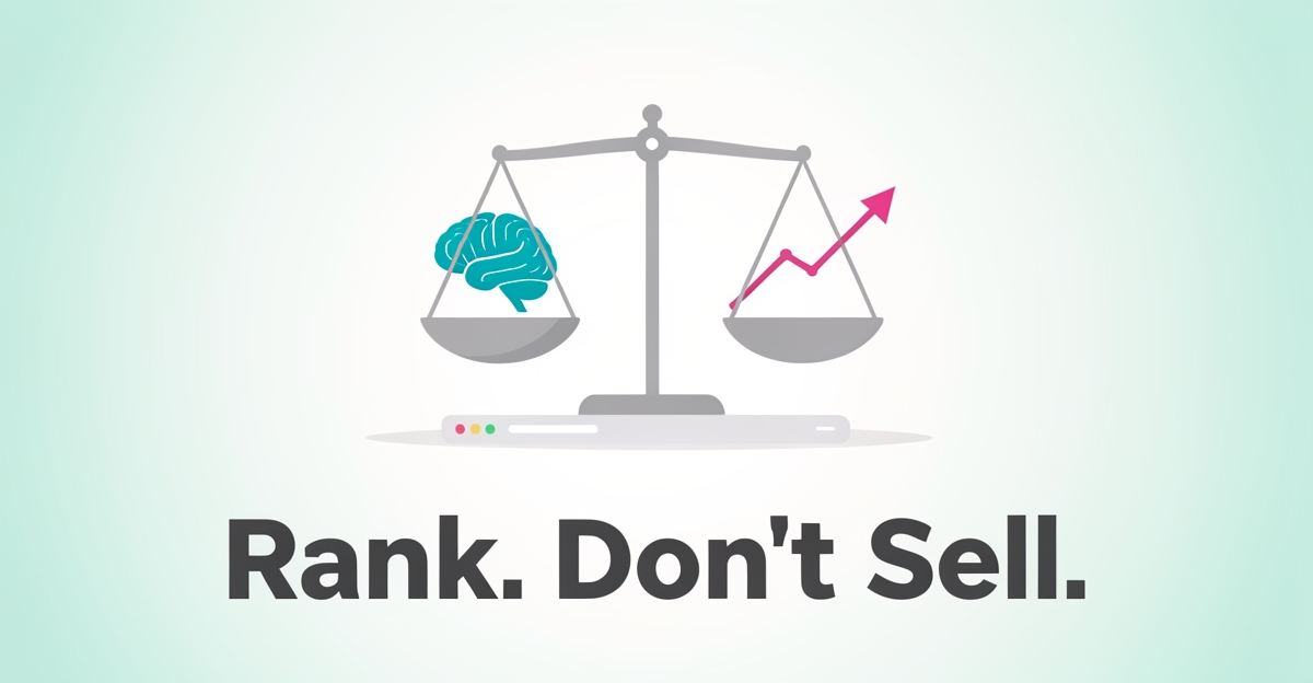 A minimalist illustration of a balanced scale weighing a brain icon against a rising graph, symbolizing a neurology website's strategy to rank high without being salesy.