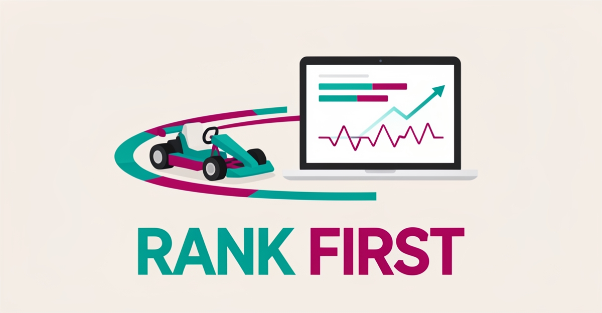 Flat illustration of a go-kart on a track beside a laptop showing search rankings and live data, accented in teal and magenta.