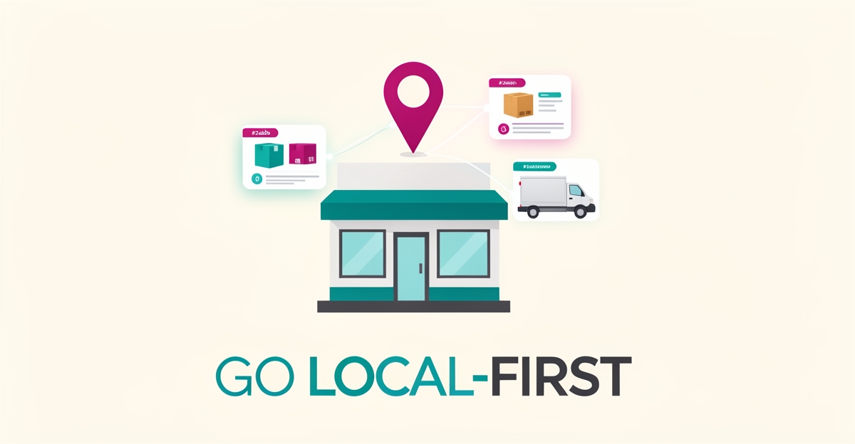Flat illustration of a storefront with location pin connected to inventory cards and a delivery van, symbolizing real-time local stock and shipping.