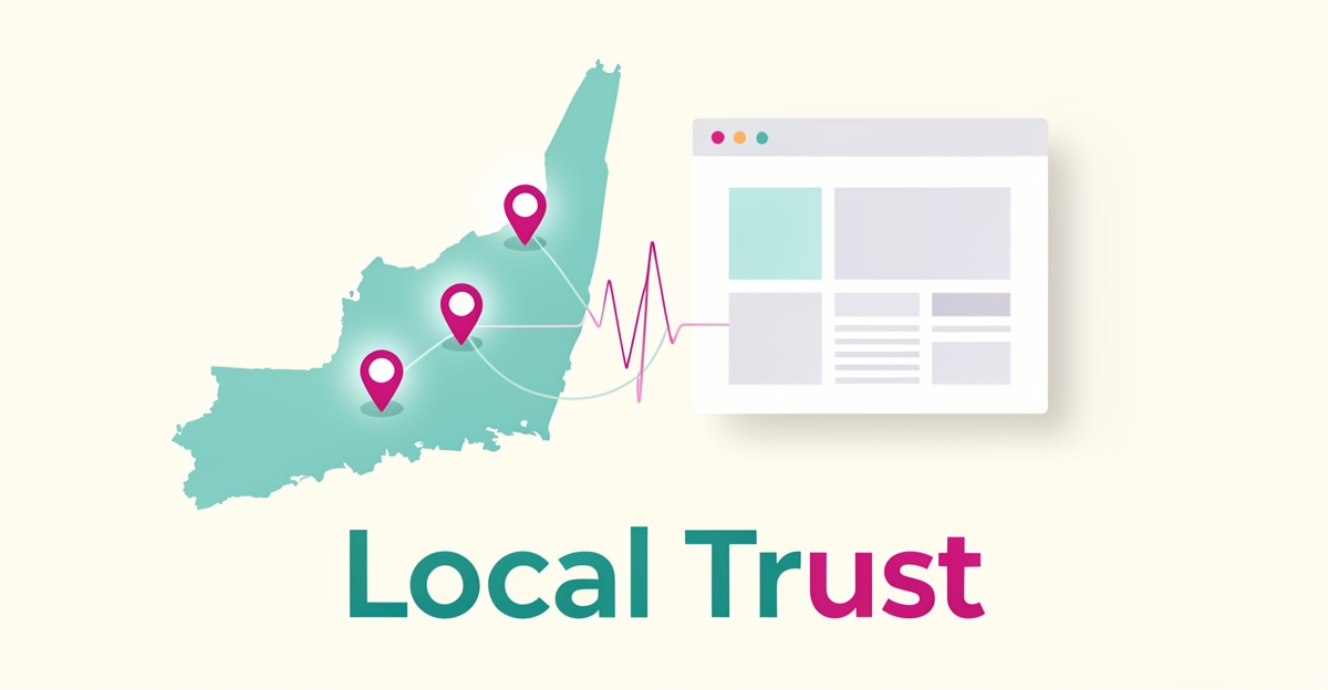 Flat illustration of a Nova Scotia map connected to a stylized healthcare website interface with teal and magenta accents, symbolizing localized oncology web design.