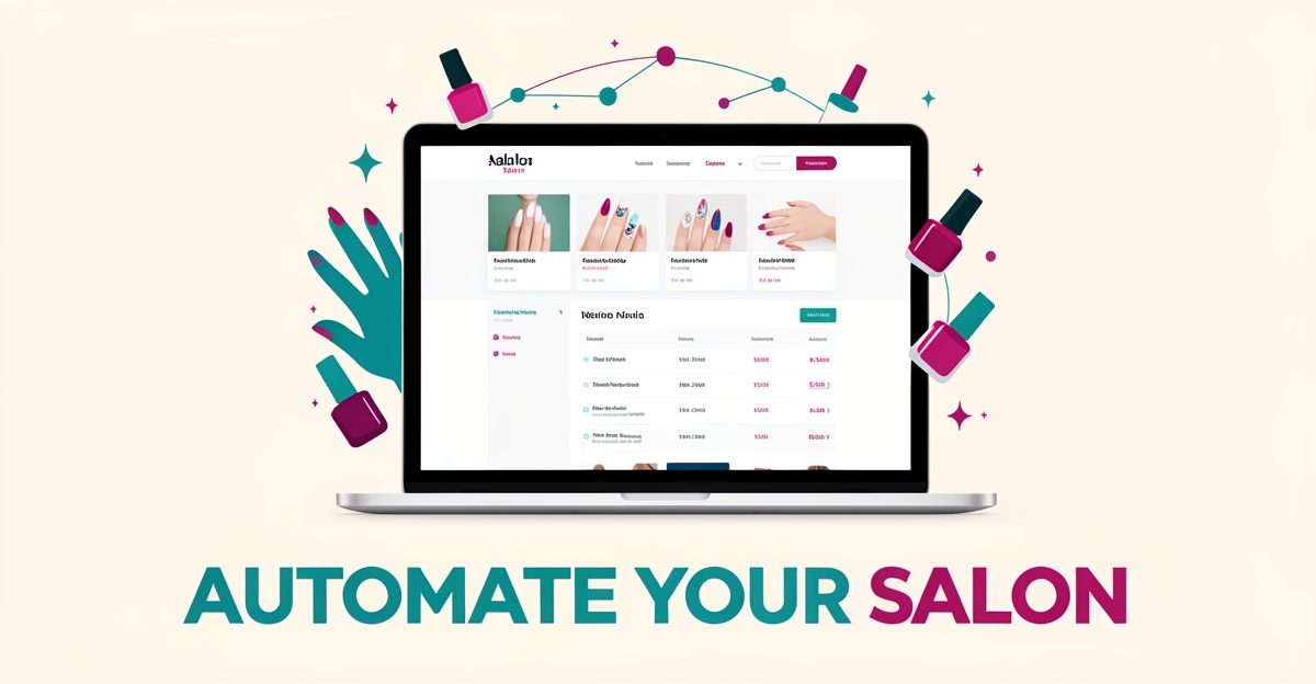 Flat illustration of a nail salon website on a laptop with AI automation elements in teal and magenta, headline reading Automate Your Salon.