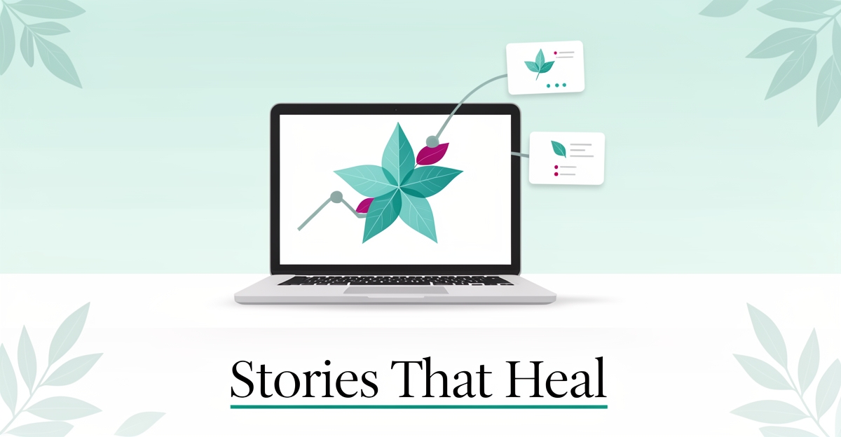 Flat illustration of a laptop displaying a leaf-shaped star with connected story cards and botanical accents in teal and magenta brand colors.