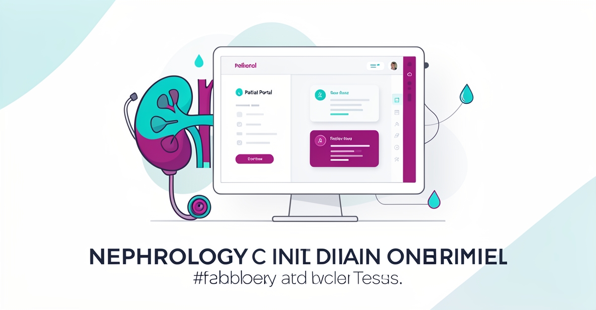 Flat illustration of a nephrology patient portal showing specialty services and real time wait times with brand accent colors.