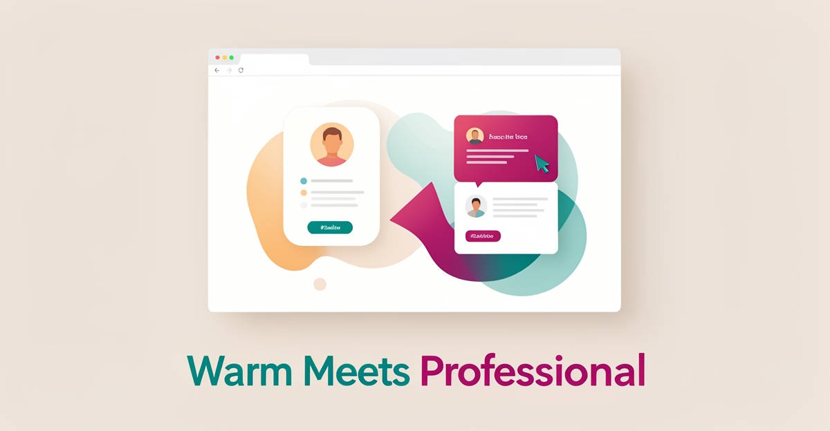 Flat illustration of a warm, human-centered psychology website design with teal and magenta accents and the headline Warm Meets Professional.