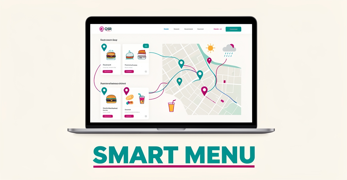 Flat illustration of a QSR website interface linking location pins, weather icons, and menu items with smart menu headline.