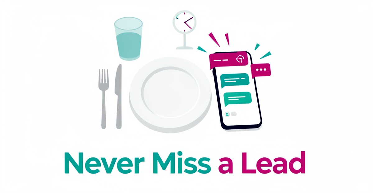 Flat illustration of a restaurant table with a smartphone showing an instant AI chat reply, symbolizing automated follow-up on customer inquiries.