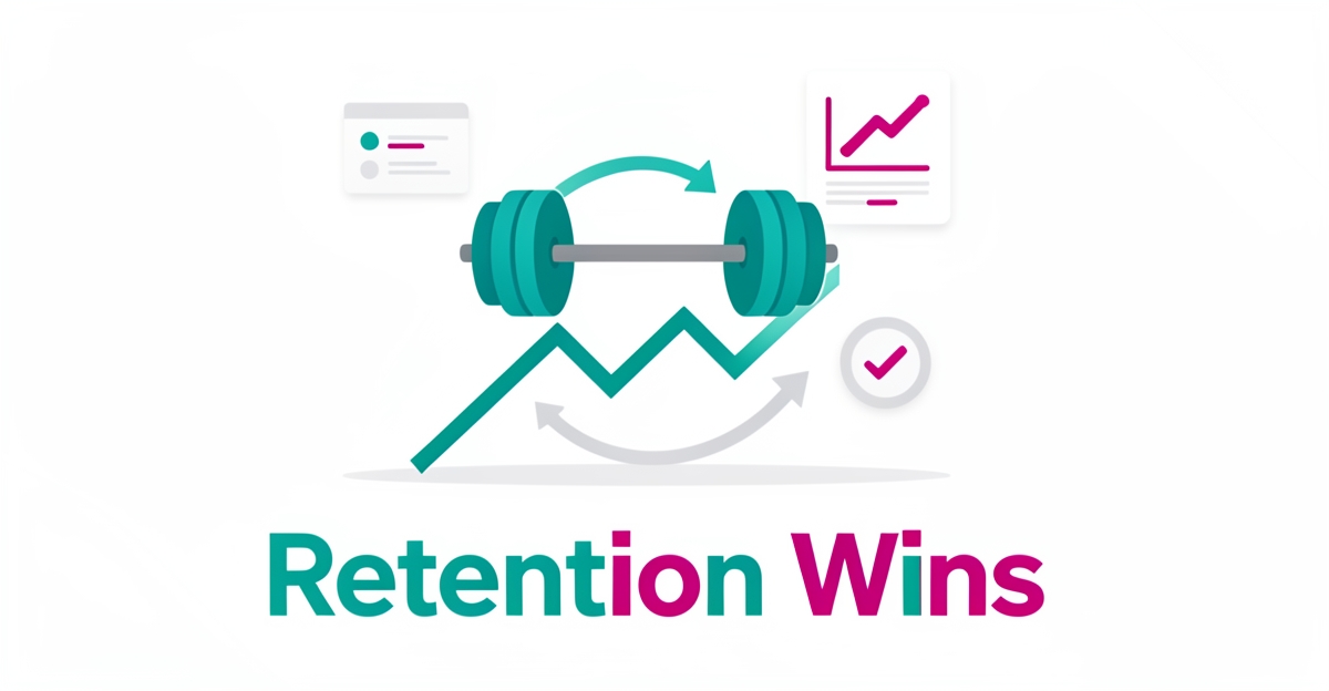 Flat illustration of a barbell with an upward progress line and retention loop in teal and magenta, headline reading Retention Wins.
