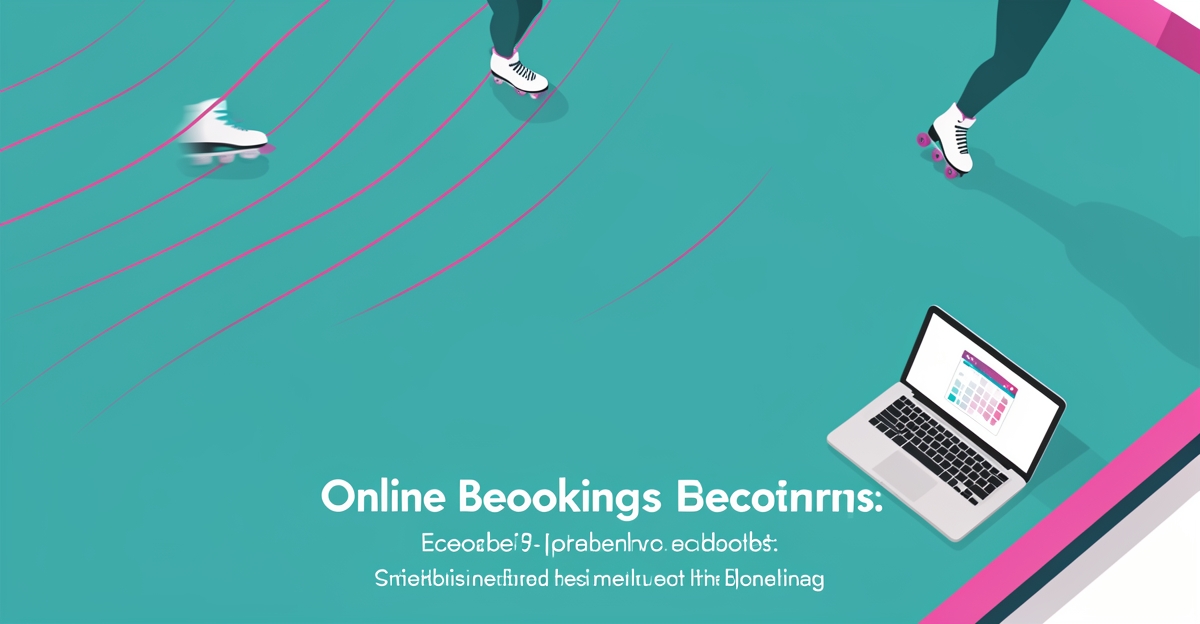Flat illustration of an empty roller rink with a laptop showing a booking calendar, accented in teal and magenta, with the headline Book More Parties.