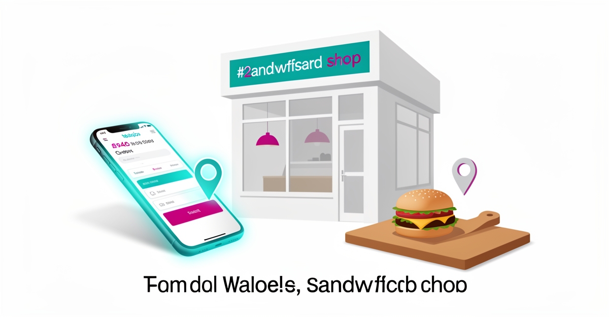 Flat illustration of a sandwich shop storefront with smartphone ordering and location markers in teal and magenta accents.