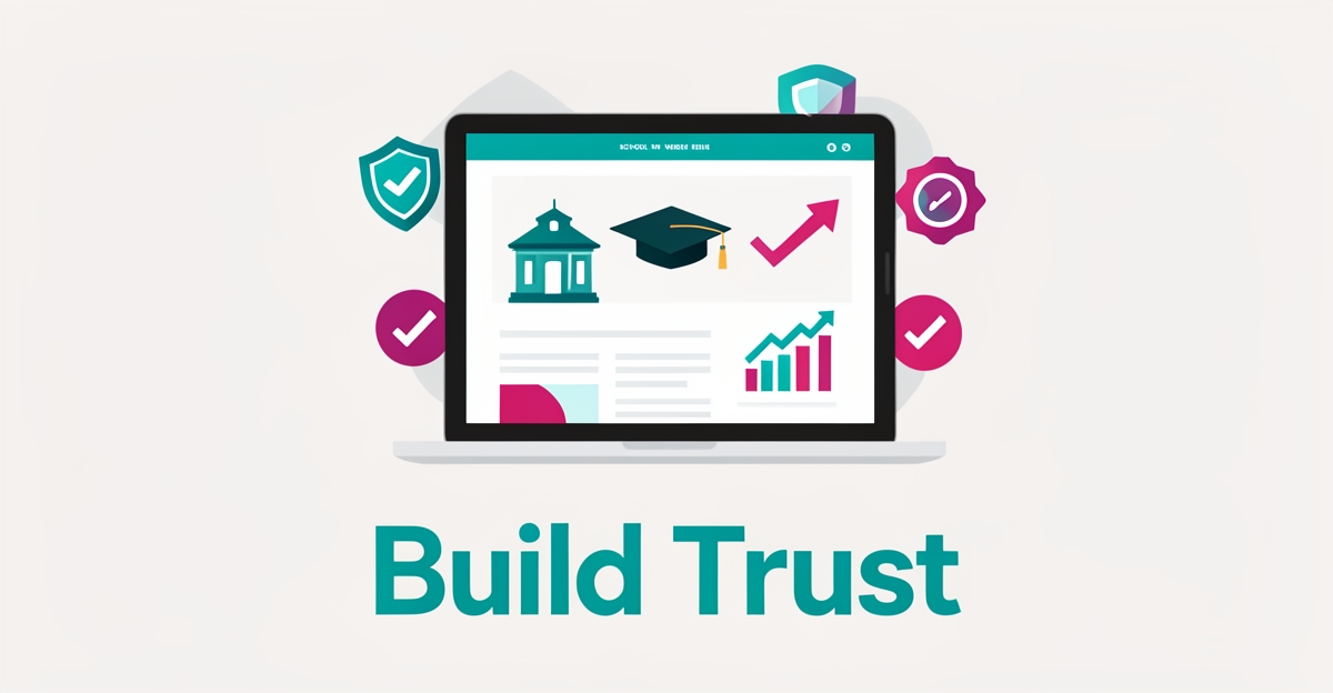 Flat illustration of a laptop showing a school website with trust symbols in teal and magenta, headlined Build Trust.