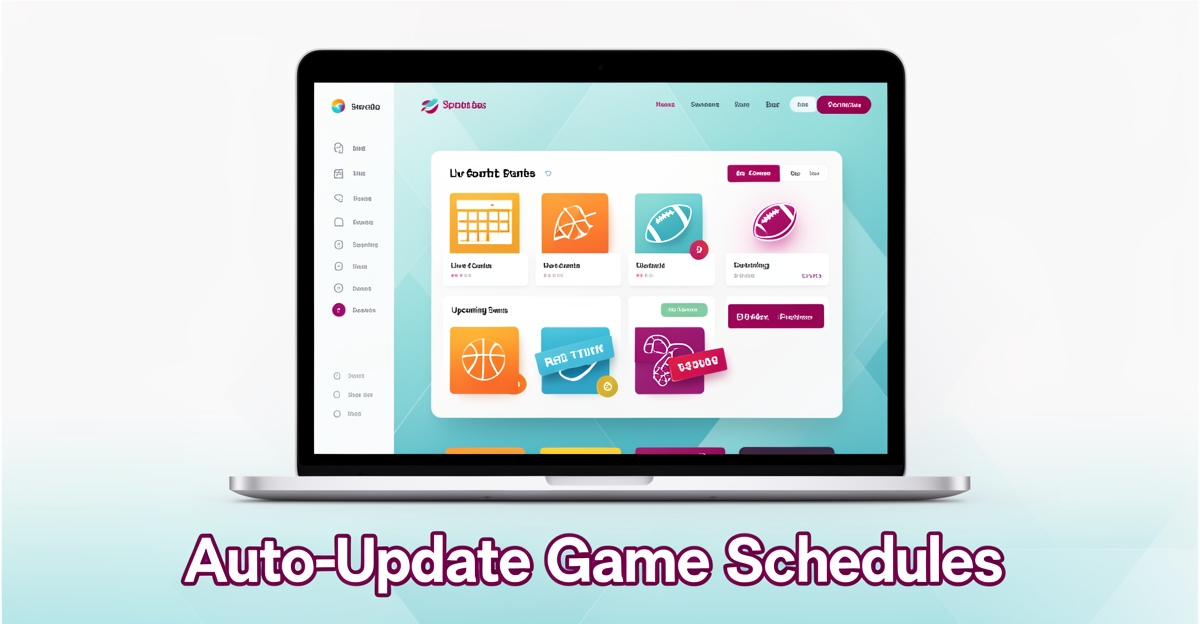 A modern flat illustration of a sports bar website dashboard showing auto-updating game schedules and events, with brand-colored accents and a headline in the lower third.