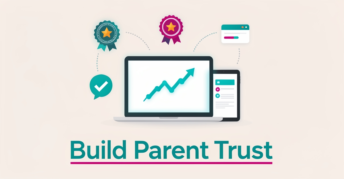 Flat illustration of a laptop with a trust shield, star ratings, and progress dashboard in teal and magenta, headlined Build Parent Trust.