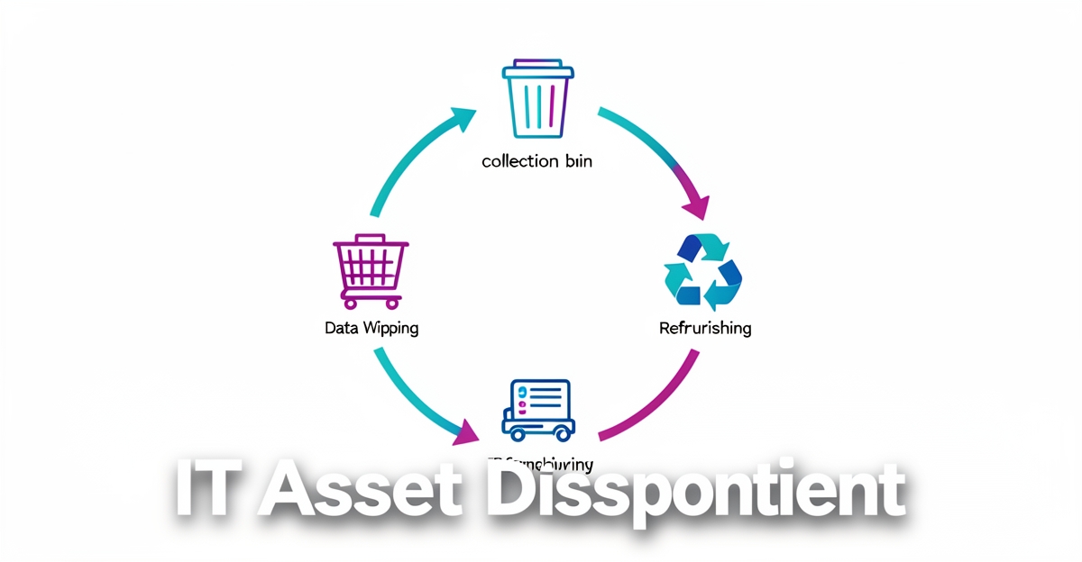 A minimalist flat illustration of the ITAD process flow from collection to recycling, using brand colors, with headline 'Transparency Builds Trust' in the lower third.
