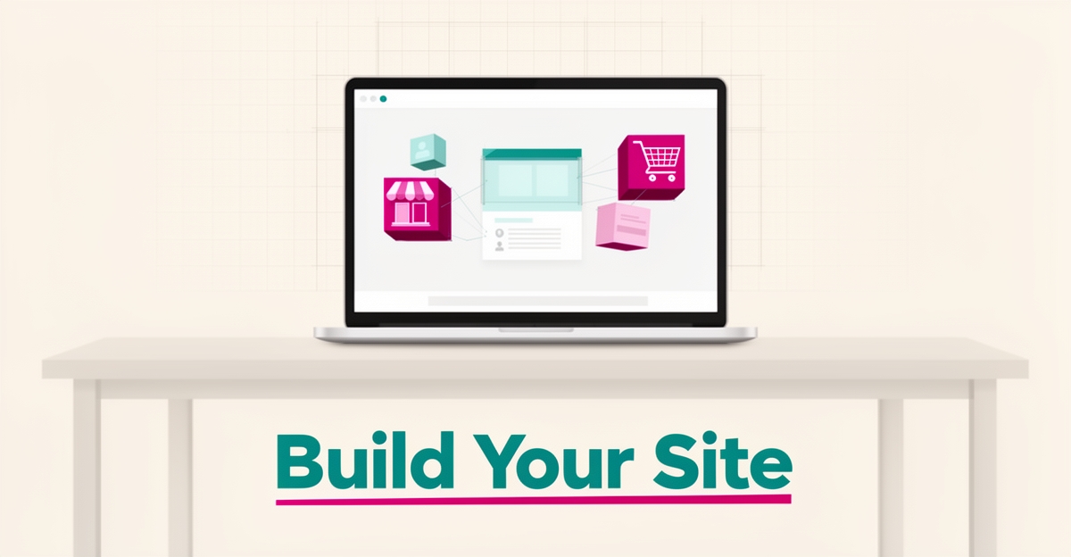 Flat illustration of a laptop assembling a website from floating blocks with teal and magenta accents and headline Build Your Site.