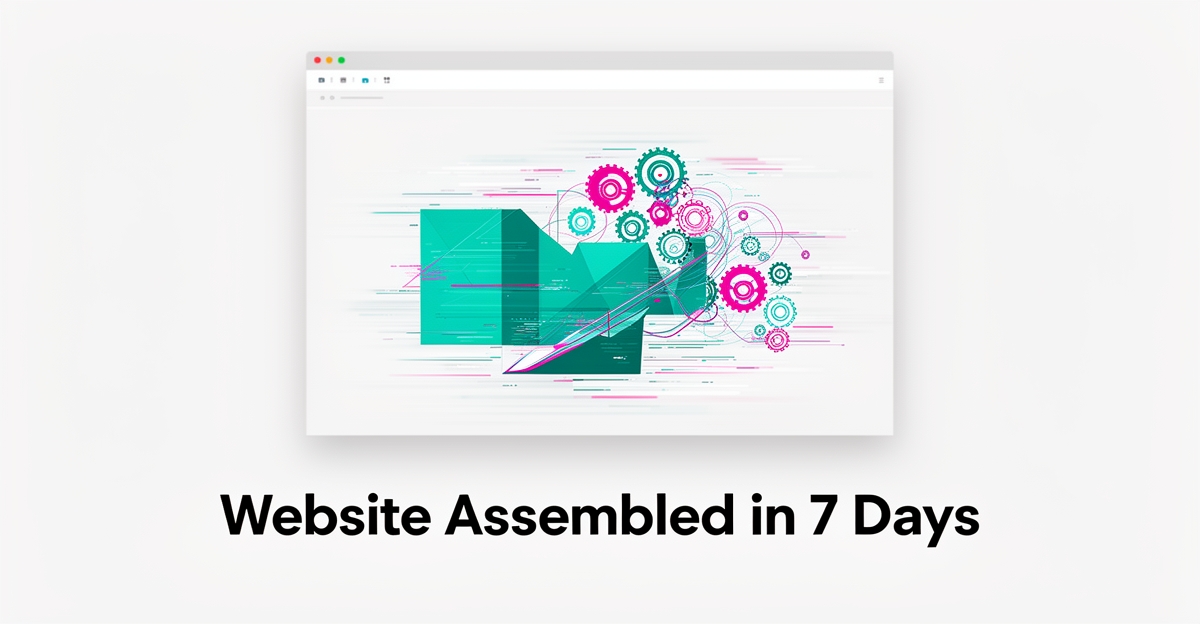 Flat illustration of a website assembling rapidly with teal and magenta accents, headlined 'Websites in 7 Days'.