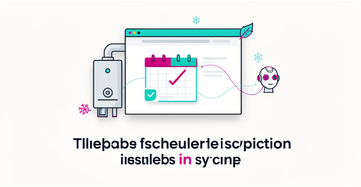 Flat illustration of AI automation converting website visitors into scheduled boiler inspections with calendar UI accents.