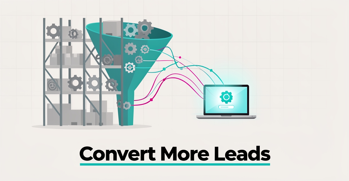 Flat illustration of industrial parts flowing through a funnel into a lead capture screen with teal and magenta accents and the headline Convert More Leads.