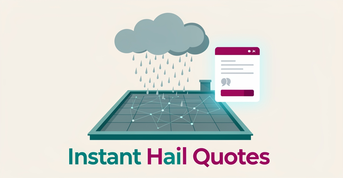 Flat illustration of a hail-damaged roof being scanned by AI technology with a real-time quote interface, accented in teal and magenta.