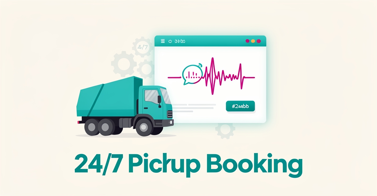 Flat illustration of a junk removal truck connected to a website with an AI voice agent icon, accented in teal and magenta.