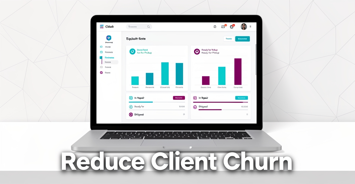 A minimalist flat illustration of an industrial equipment turnaround dashboard on a laptop, displaying repair status metrics with brand-colored accents, featuring the headline 'Reduce Client Churn' in the lower third