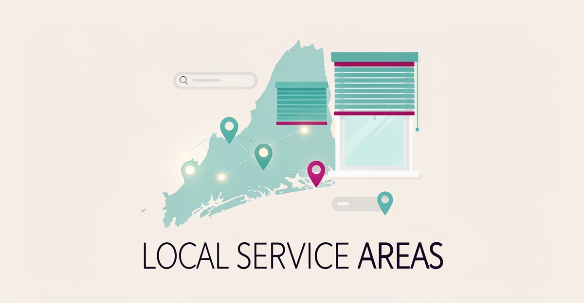 Flat illustration of a Nova Scotia map with location pins and window blinds, highlighting local service area websites for shades and blinds businesses.