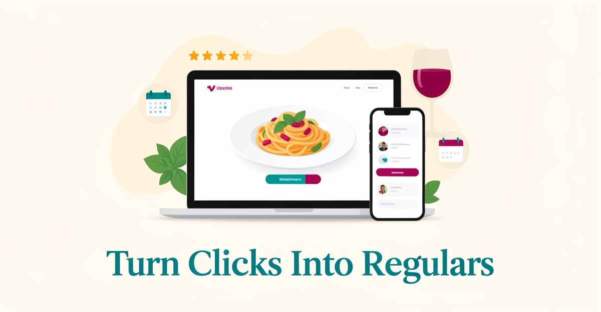 Flat illustration of a laptop and phone showing an Italian restaurant website with pasta, booking icons, and a headline about turning clicks into regulars.