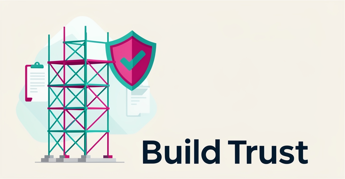 Flat illustration of scaffolding with a safety shield and checkmark symbolizing OSHA compliance and certified trust.