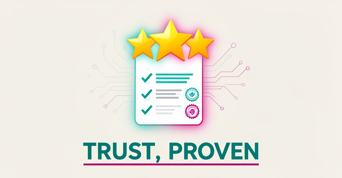 Flat illustration of a glowing five-star review and verified document with teal and magenta AI data accents, headlined 'Trust, Proven'.
