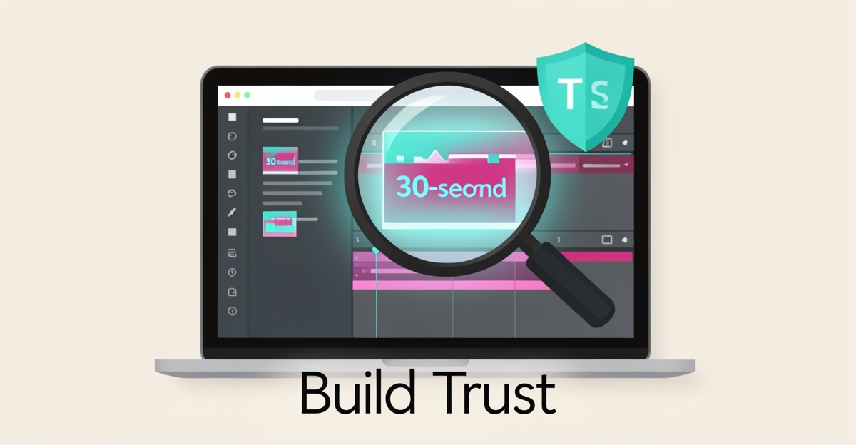 Flat illustration of a video editing timeline with a preview clip and quality check symbols in teal and magenta, headlined Build Trust.