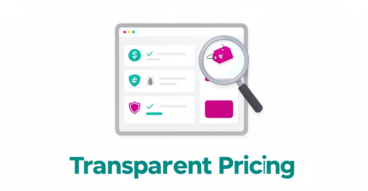 A flat illustration of a transparent digital pricing page for pest control services, highlighting clear costs and trust.