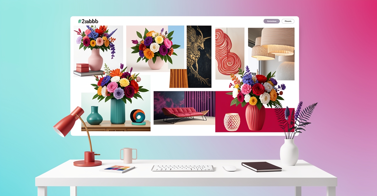 A minimalist flat illustration of a digital mood board showcasing bold event decor in harmonious balance, with brand-colored accents and the headline 'Trust Through Design' in the lower third