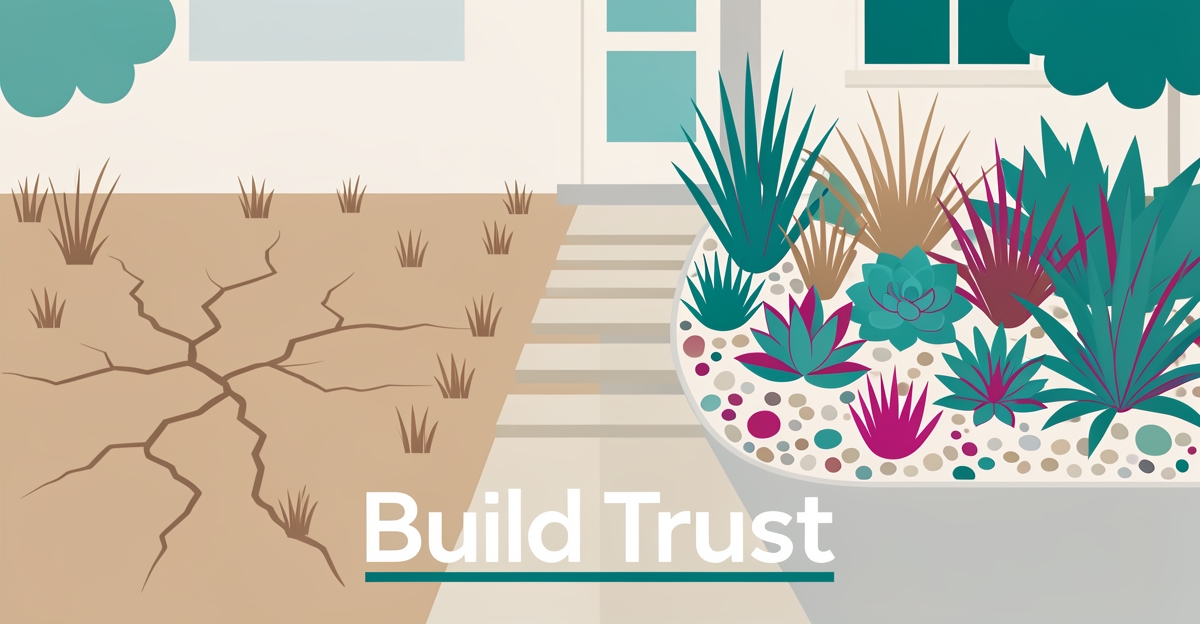 Flat illustration of a dry yard transforming into a vibrant drought-tolerant native garden, symbolizing trust with homeowners.