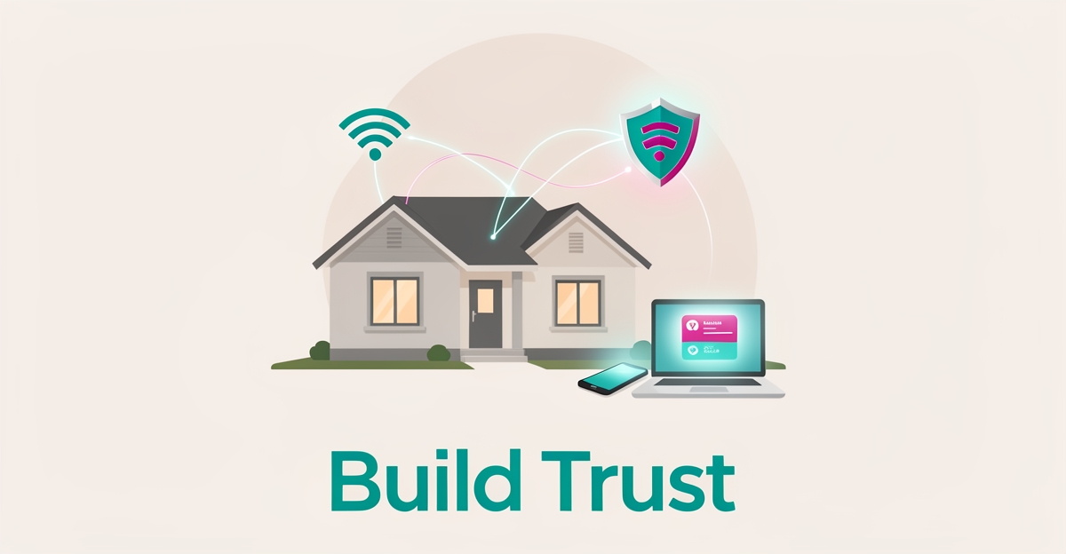 Flat illustration of a suburban smart home protected by a glowing shield and connectivity lines, symbolizing trusted IT reliability.