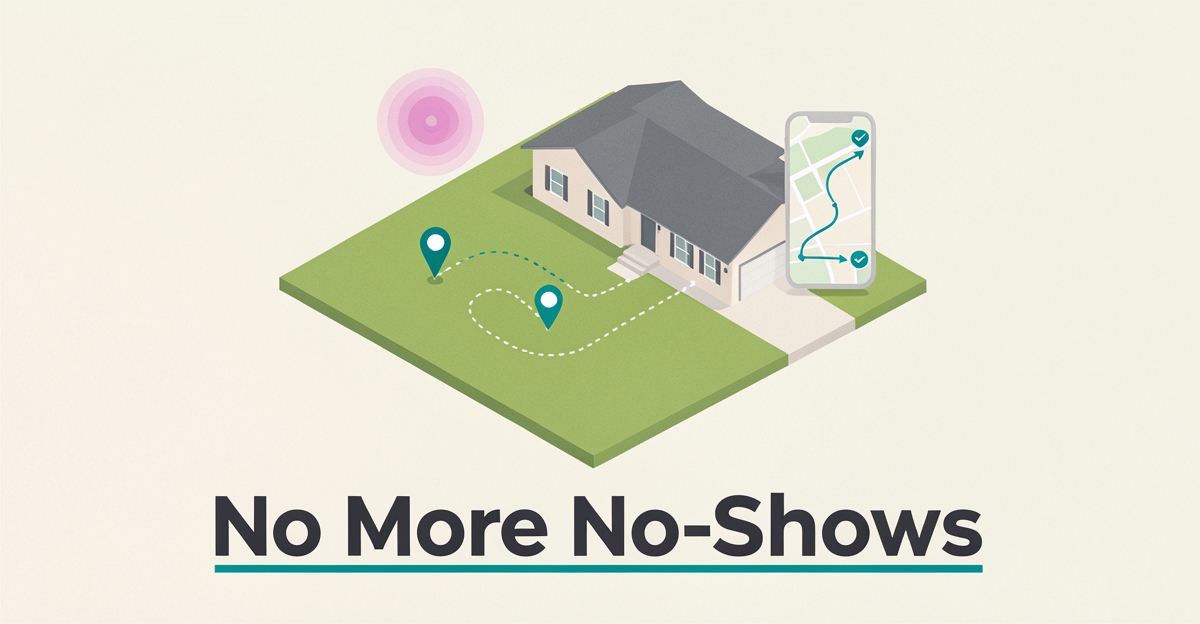 Flat illustration of a lawn with GPS route pins and weather radar accents symbolizing transparent, reliable lawn care scheduling.